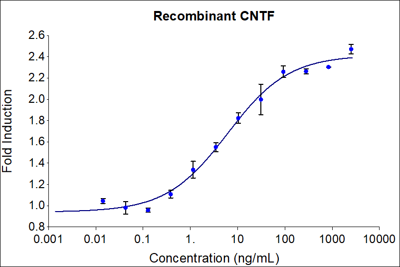 Recombinant human CNTF  (Cat no: HZ-1331) induces dose-dependent release of Heptoglobin in the HEPG2 hepatocellular carcinoma cell line in the presence of 200 ng/mL CNTFR. HEPG2 cells were treated with increasing concentration of recombinant CNTF for 16 hours before supernatant collection. The supernatant was tested for Haptoglobin via ELISA kit (KE00148). The EC50 was determined using a 4-parameter non-linear regression model. The EC50 range is 2.75-14 ng/mL.



