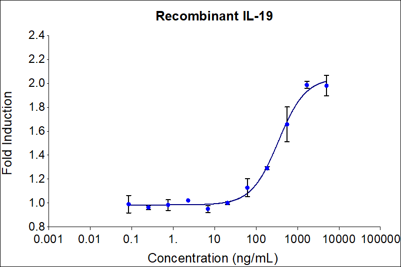 Recombinant human IL-19 (HZ-1332) stimulates dose-dependent proliferation of the NIH/3T3 mouse fibroblast cell line. Viable cell number was quantitatively assessed by Prestoblue Cell Viability Reagent. NIH/3T3 cells were treated with increasing concentrations of recombinant human PDGFbb under low serum conditions for 72hrs. The EC50 was determined using a 4- parameter non-linear regression model. The EC50 values range from 200-1000 ng/mL.

