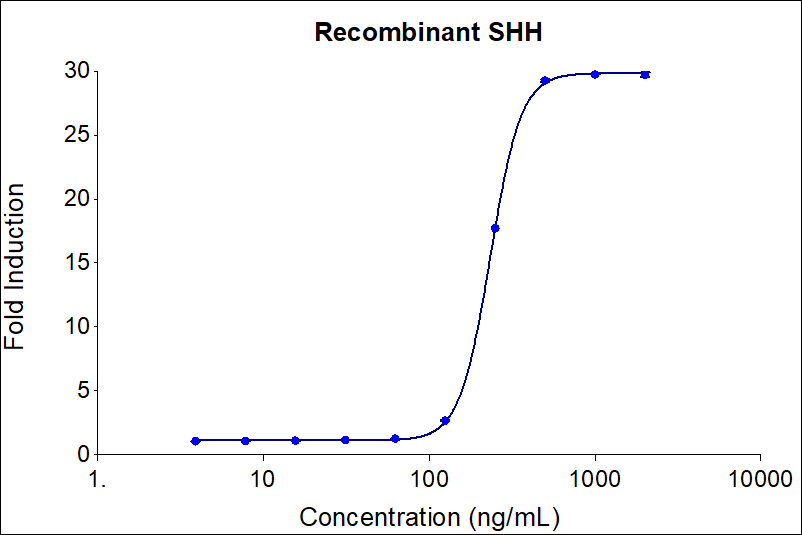 Recombinant human SHH (HZ-1306) stimulates dose-dependent induction of alkaline phosphatase production in the C3H10T1/2 mouse embryonic fibroblast cell line. Alkaline phosphatase production was assessed using pNPP as a chromogenic substrate. ATDC-5 cells were treated with increasing concentrations of recombinant human SHH for 120 hours before lysis and addition of pNPP. The EC50 was determined using a 4-parameter non-linear regression model. The EC50 values are no more than 350 ng/mL.