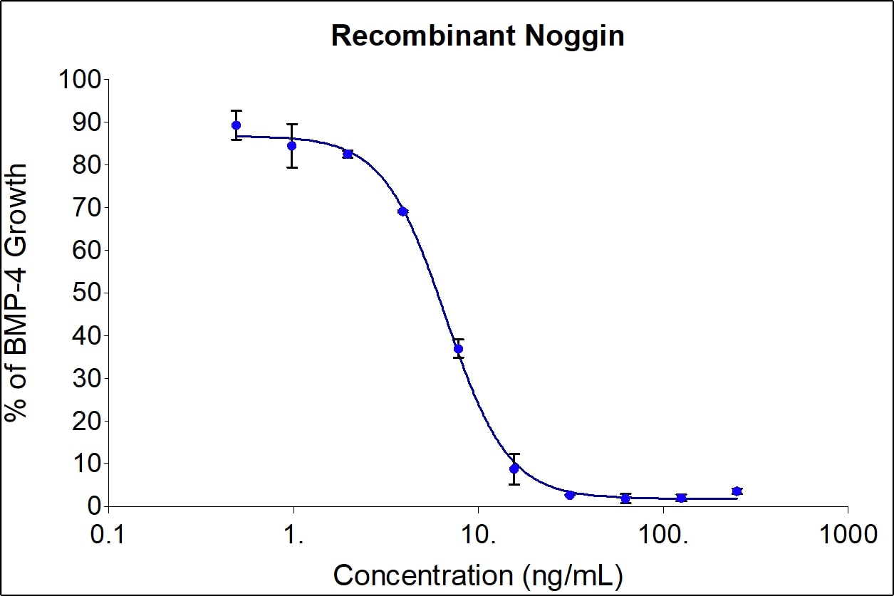 Recombinant human Noggin (HZ-1118-GMP) inhibits dose-dependent induction of alkaline phosphatase production by BMP-4 in the ATDC-5 mouse chondrogenic cell line. Alkaline phosphatase production was assessed using pNPP as a chromogenic substrate. ATDC-5 cells were treated with increasing concentrations of recombinant human Noggin and 40 ng/mL of BMP-4 (HZ-1045) for 72 hrs hours before lysis and addition of pNPP. The EC50 was determined using a 4-parameter non-linear regression model. The EC50 values range from 1.5-15 ng/mL.
