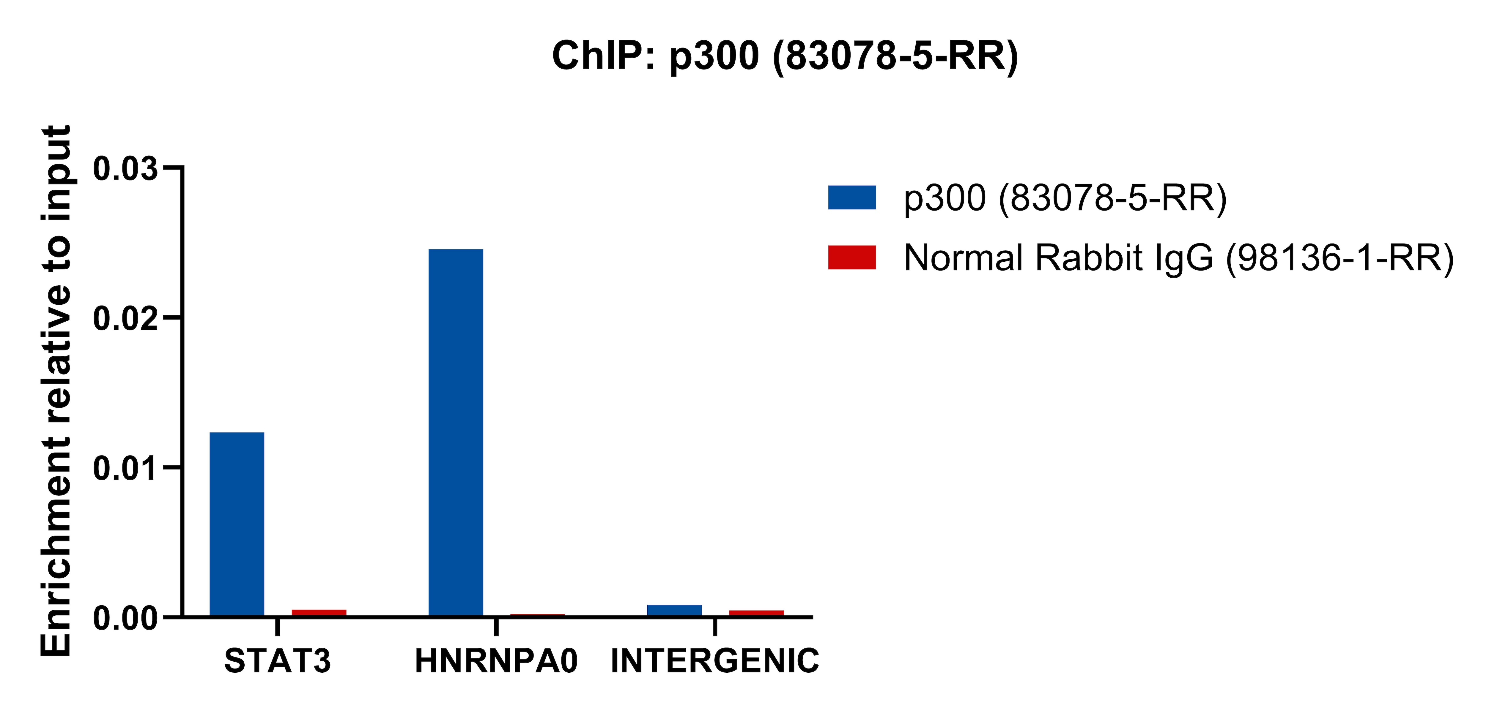 Chromatin was prepared from K-562 cells. Cells were fixed with formaldehyde for 10 minutes. The ChIP was performed with 20 µg of cross-linked chromatin, 5 µg of p300 (83078-5-RR) or 5 ug of Normal Rabbit IgG (98136-1-RR), and 20 µl of Protein A Magarose Beads. The immunoprecipitated DNA was quantified by real-time PCR. ChIP experiment of K-562 cells using p300 Recombinant monoclonal antibody (83078-5-RR)