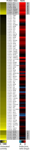 Heatmap data showing the untreated activity and induction response for each construct in the p53 Pathway Profiling Plate using HT1080 human fibrosarcoma cells treated with 200 ng/ml Nutlin for 24 hours